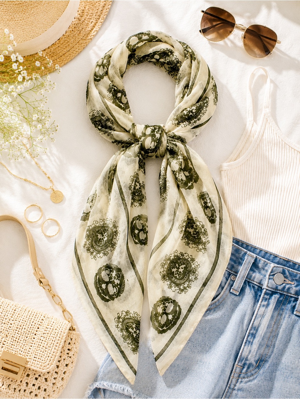 Paisley & Skull Print Lightweight Scarf | Cream & Olive Green | Boho Wrap - Picture 3 of 8